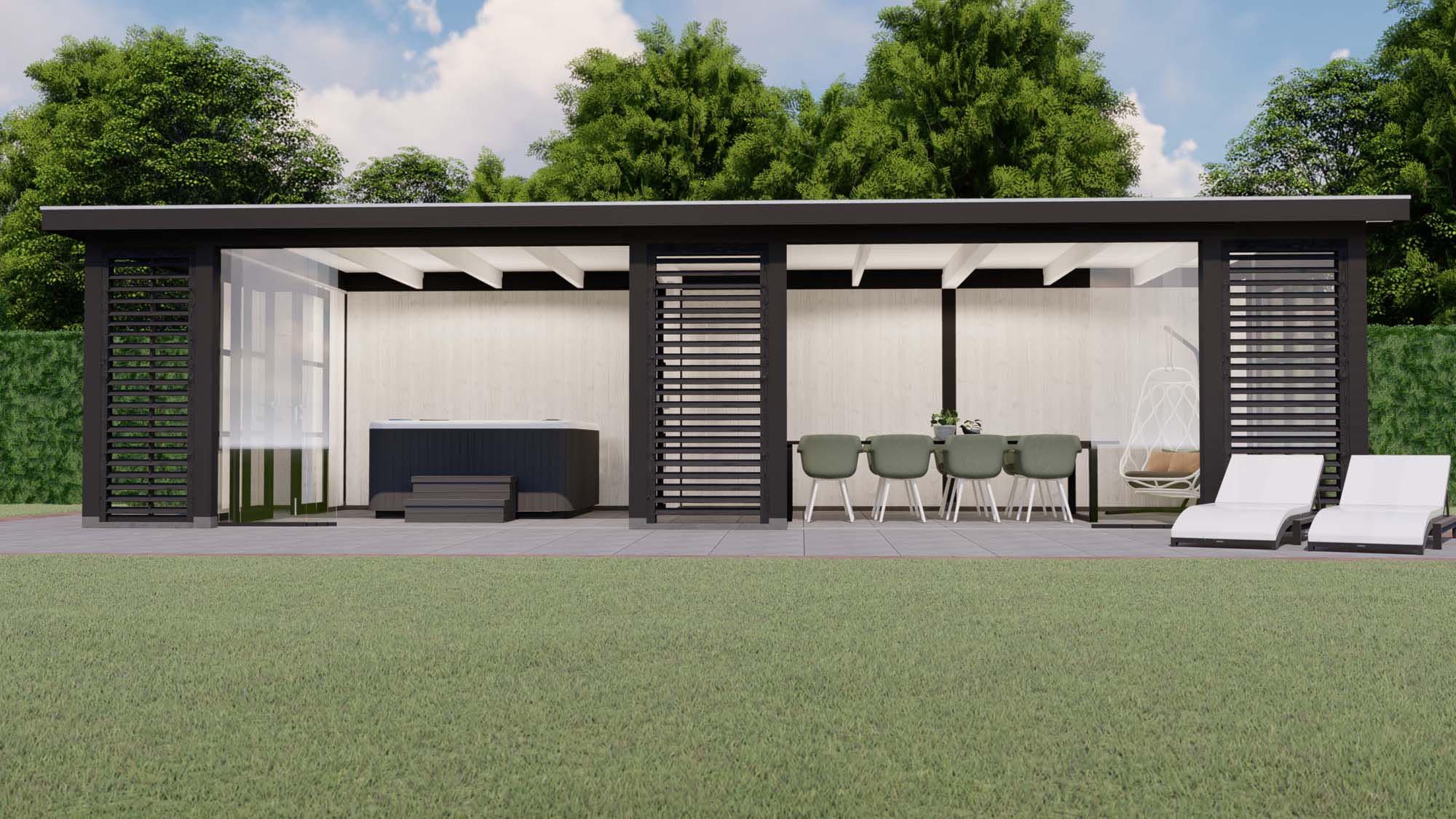 buitenverblijf Rome - 11000x4455mm - zwart - met steellook - voorzijde Toplawood buitenverblijf Rome