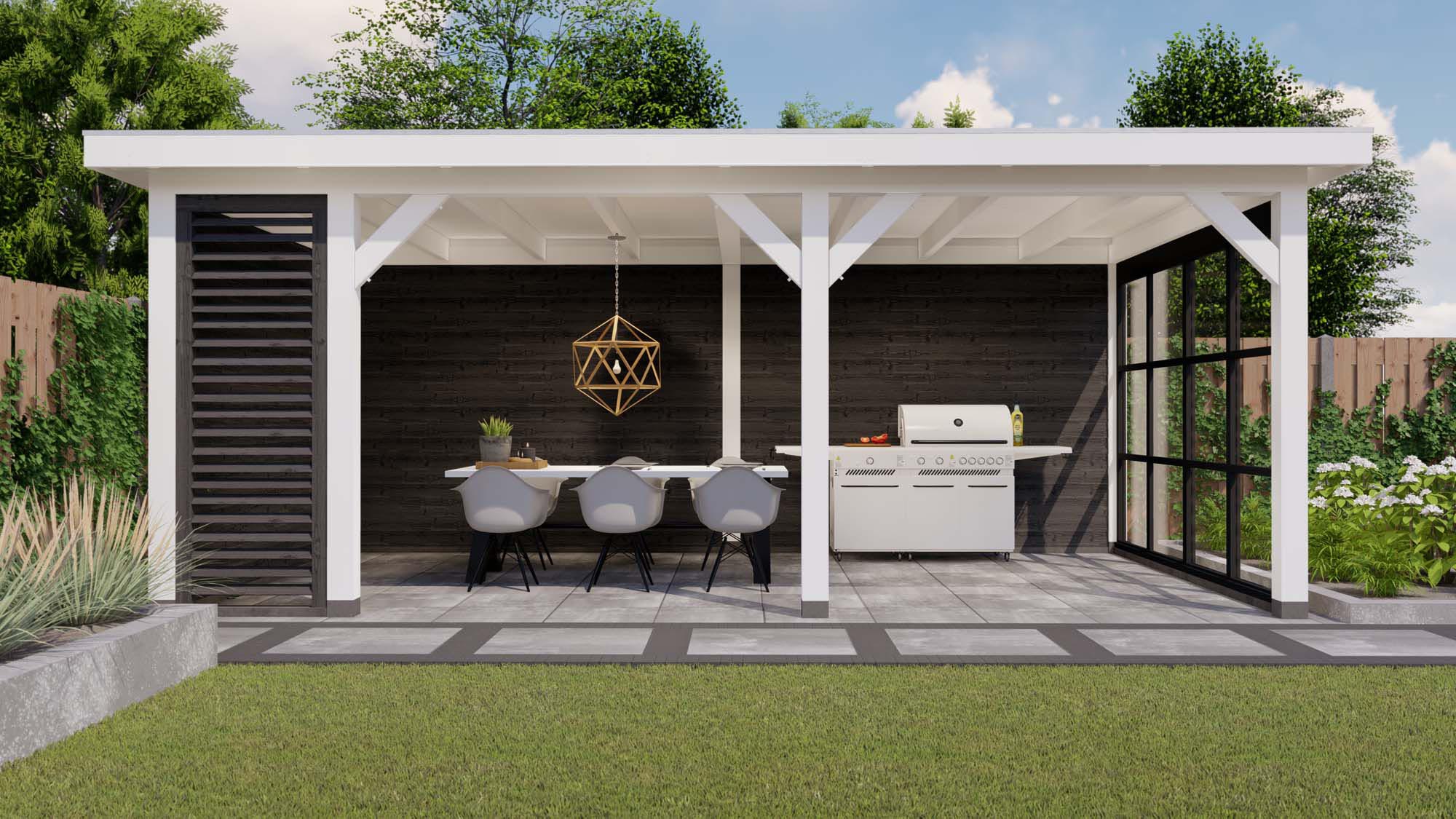 buitenverblijf Rome - 6885x4260mm - wit - steellook - shutter - voorzijde Toplawood buitenverblijf Rome