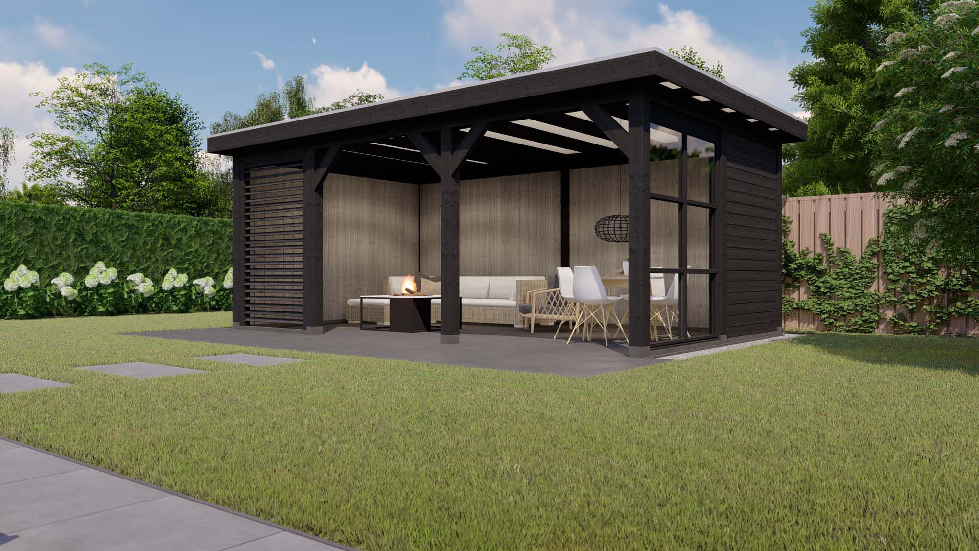 buitenverblijf Rome - 7890x3705mm - ebben zwart - steellook - shutter - linkerzijde - veraf Toplawood buitenverblijf Rome