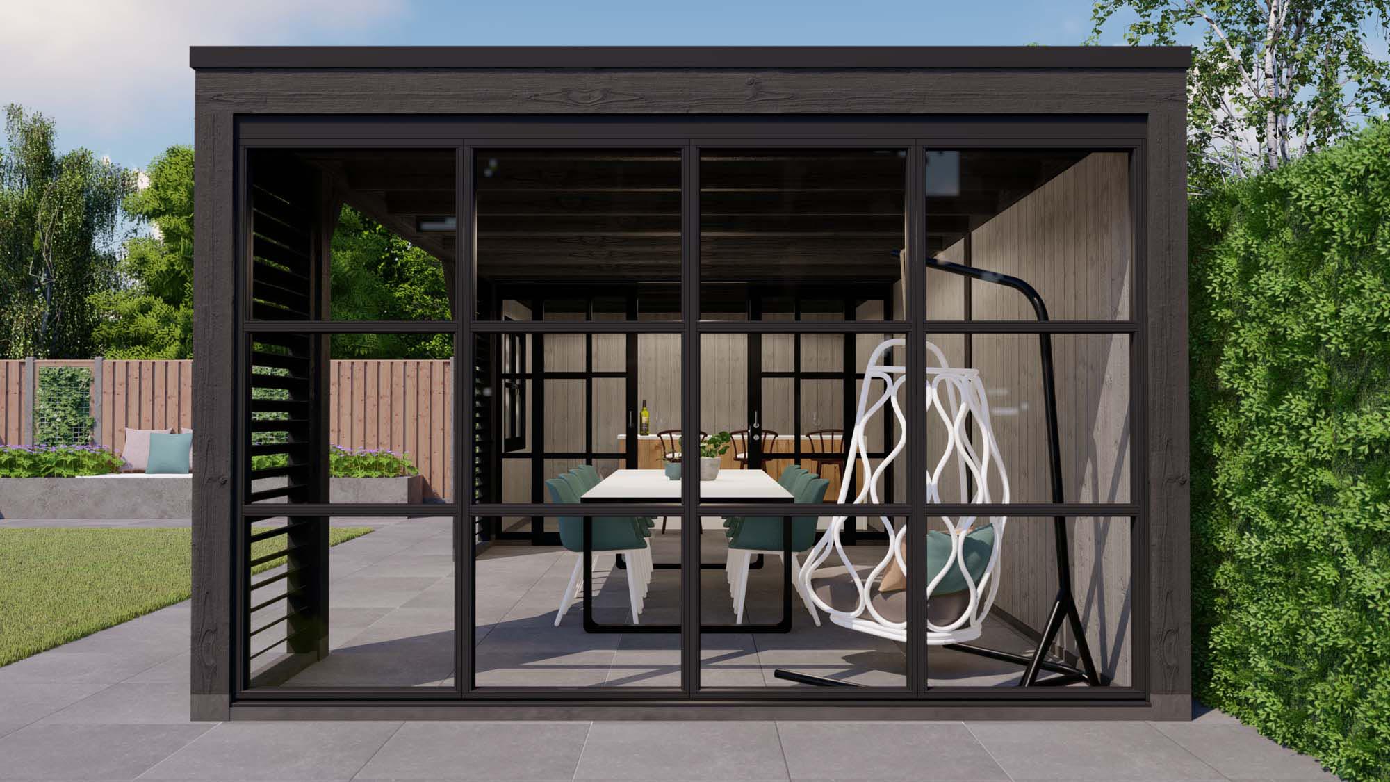 buitenverblijf Valencia - 9520x3770mm - ebben zwart - steellook - shutter - linker zijkant Toplawood Buitenverblijf Valencia