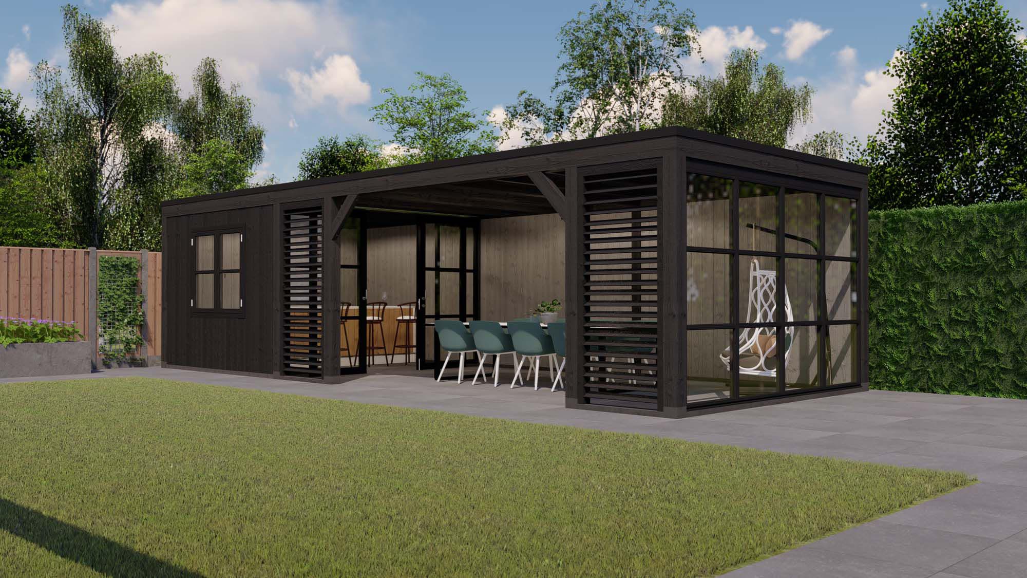 buitenverblijf Valencia - 9520x3770mm - ebben zwart - steellook - shutter - linkerzijde - veraf Toplawood Buitenverblijf Valencia