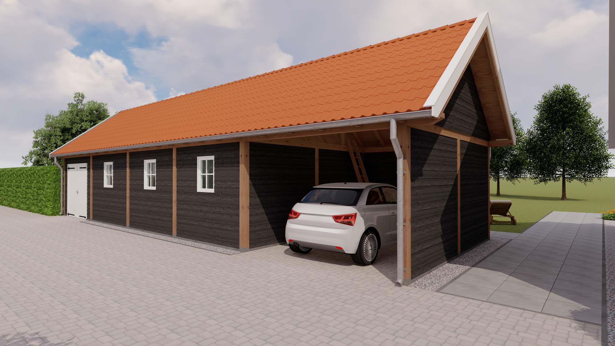 zadeldak Milaan - 16000x5360mm - schuur - rode dakpannen - rechterzijde carport Buitenverblijf Milaan Toplawood