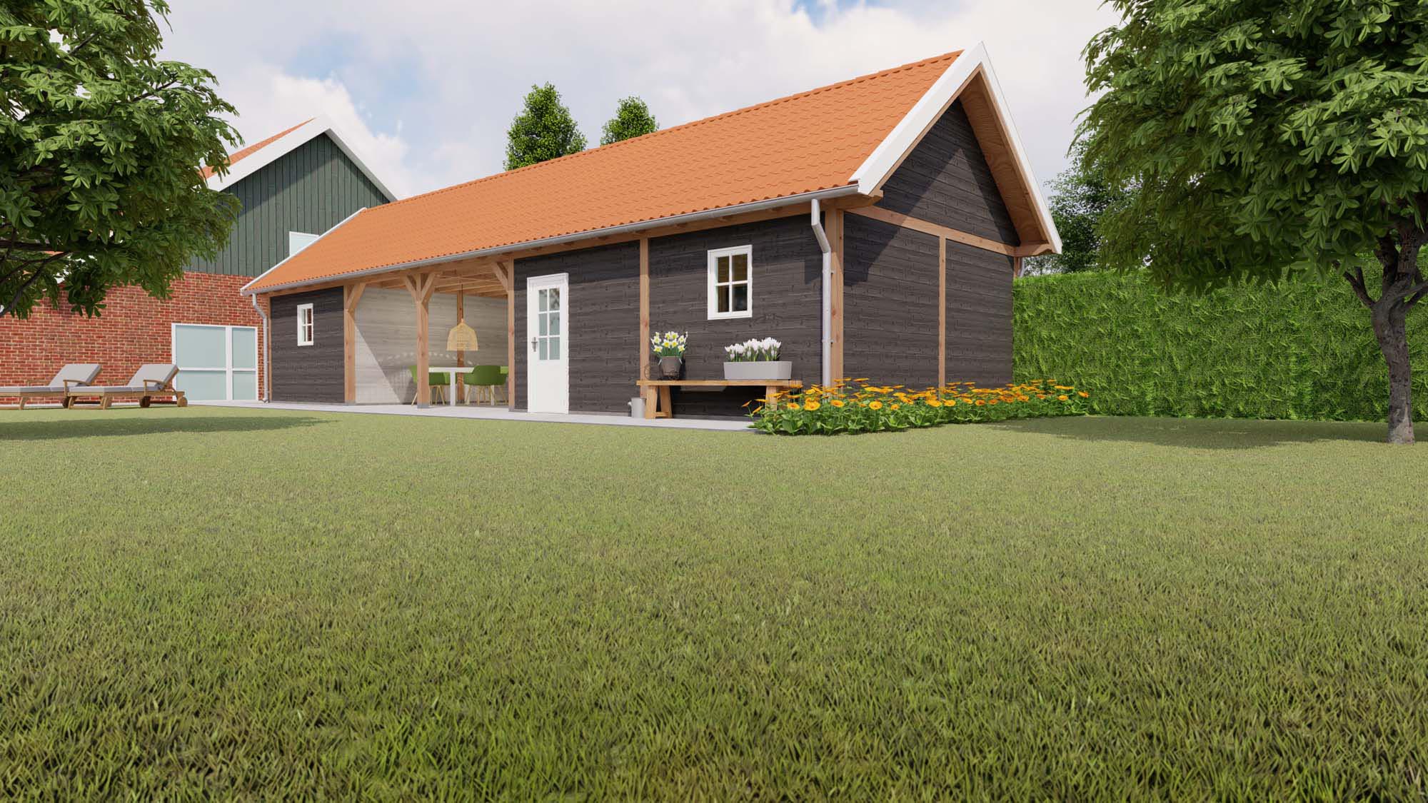 zadeldak Milaan - 16000x5360mm - schuur - rode dakpannen - rechterzijde - veraf Buitenverblijf Milaan Toplawood