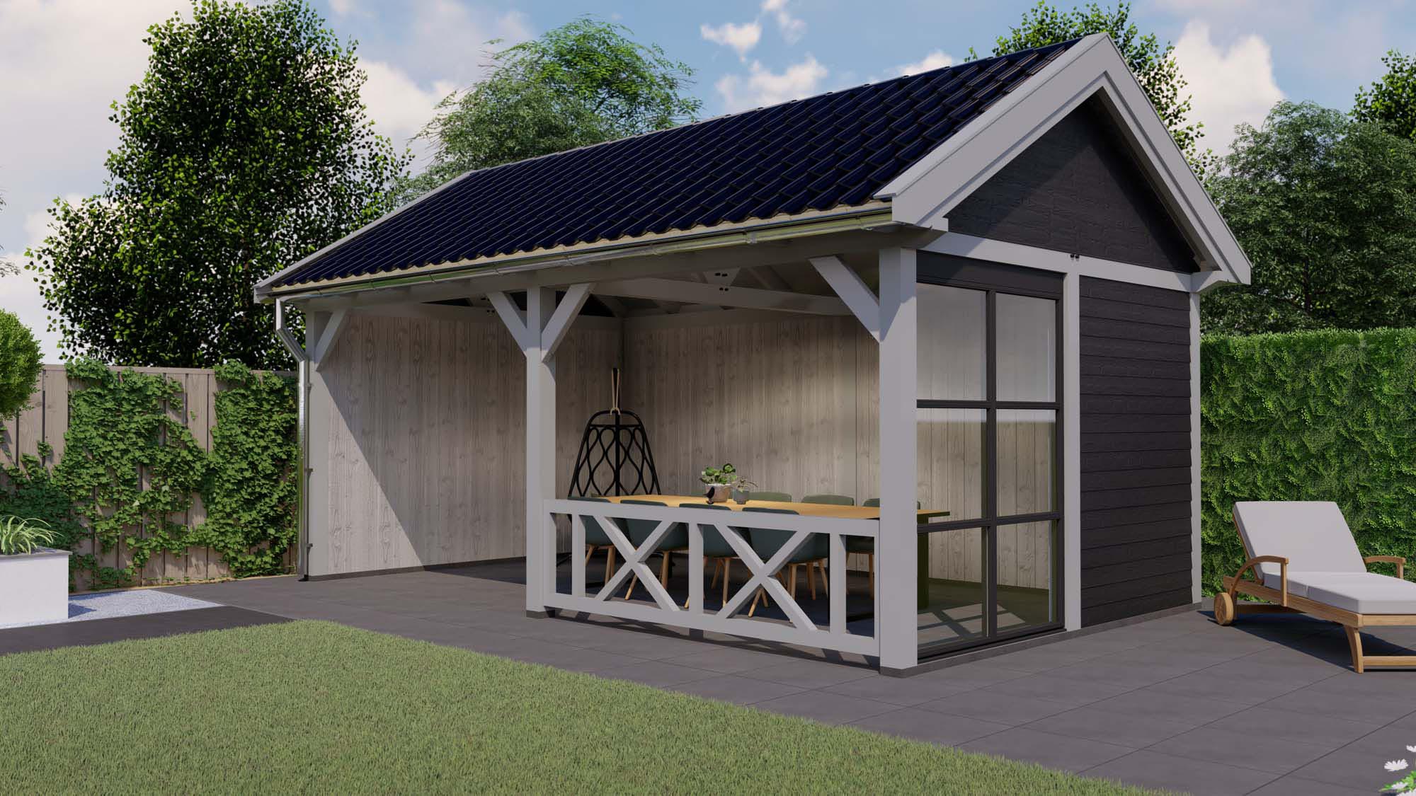 zadeldak Milaan - 6900x4450mm - grijs- steellook - hekwerk - rechterzijde Buitenverblijf Milaan Toplawood