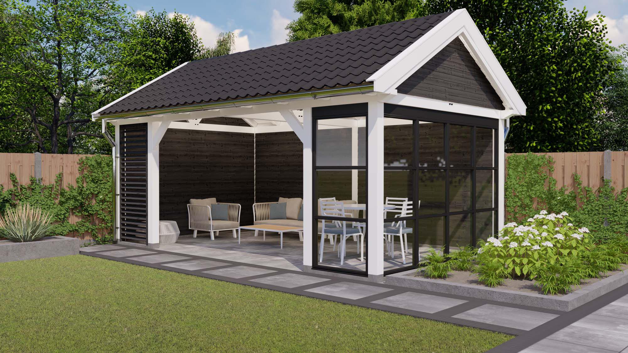 zadeldak Milaan - 6900x4450mm - wit - steellook shutter - rechterzijde Buitenverblijf Milaan Toplawood