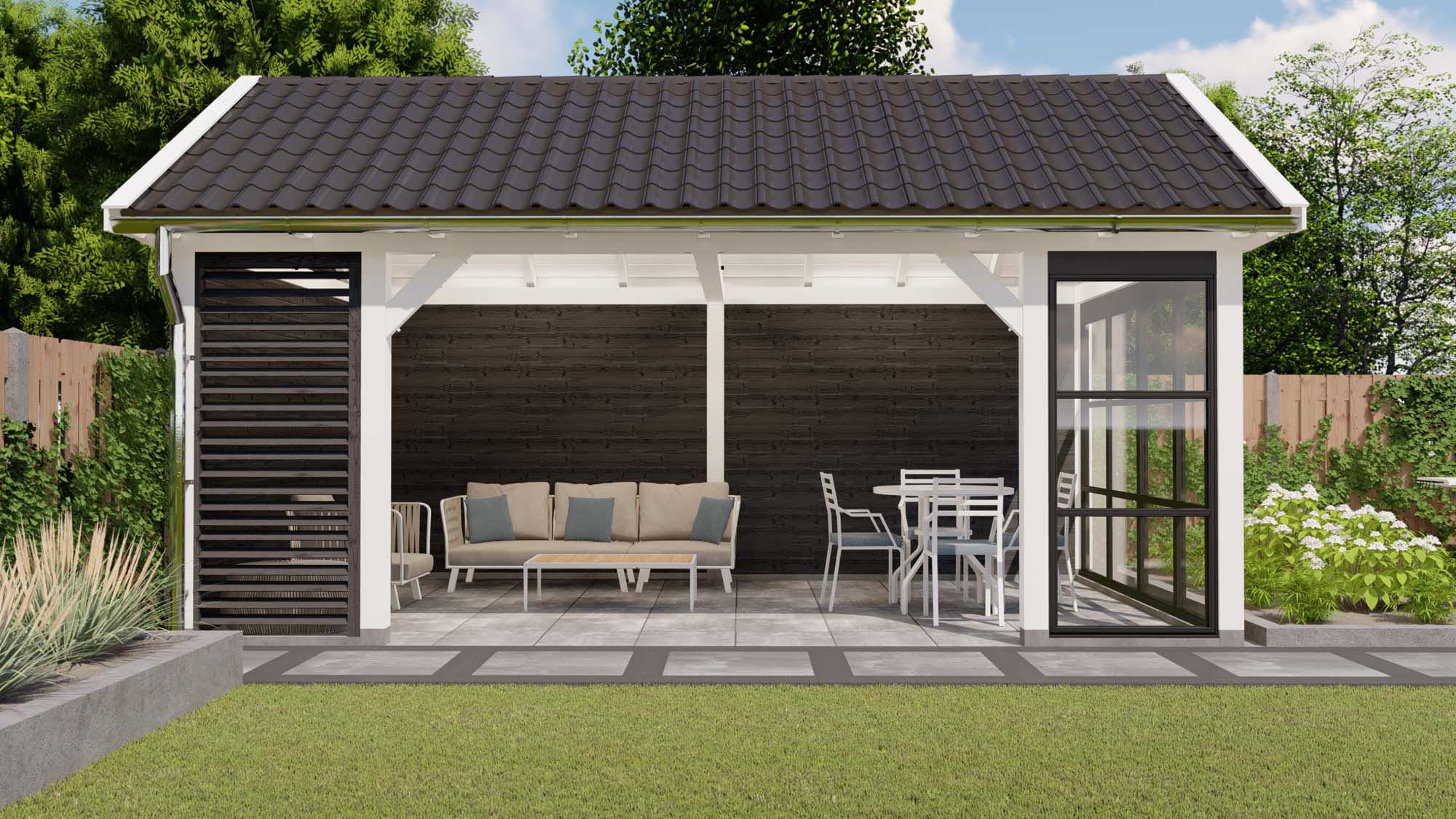 zadeldak Milaan - 6900x4450mm - wit - steellook shutter - voorzijde Buitenverblijf Milaan Toplawood